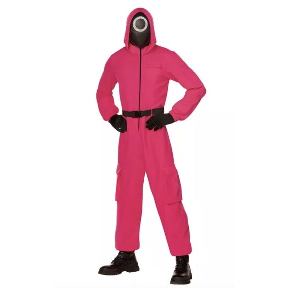 Spirit Halloween Adult Squid Game Guard Jumpsuit Costume Mask Pink NIP S/M - Picture 1 of 3